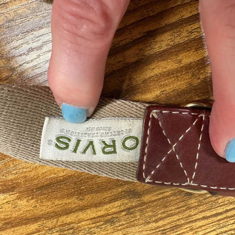 Orvis Mens Canvas and Leather Belt Brown Khaki Brass Buckle Made in USA Size 38